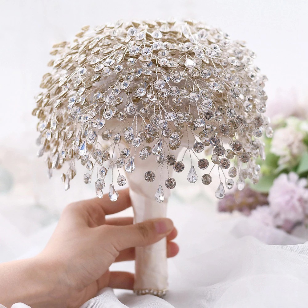 Artificial Wedding Bouquets Crystal Pearl Silk Roses Bridal Bridesmaid Hand Bouquet