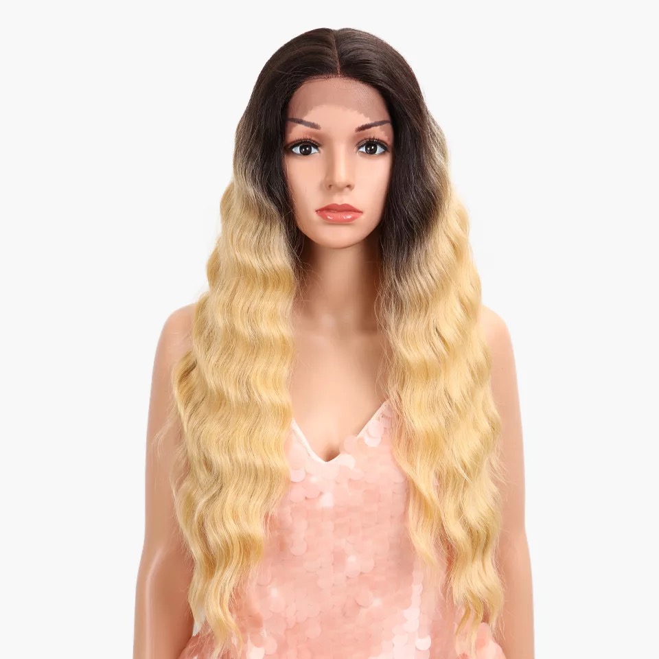 22 inch Body wave middle hairline honey blonde High temperature heat resistant fiber HD T lace front wig synthetic hair wig