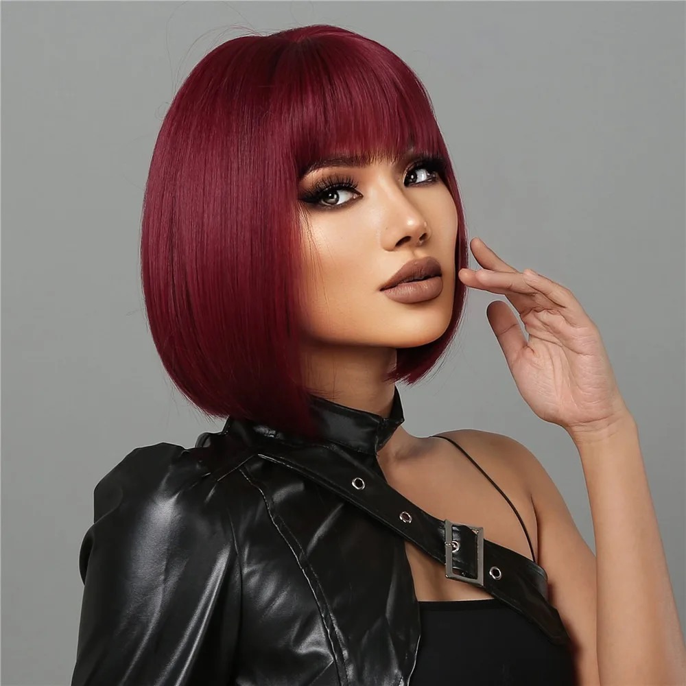 Wine Red Bob Natural Synthetic Wigs for Women Heat Resistant