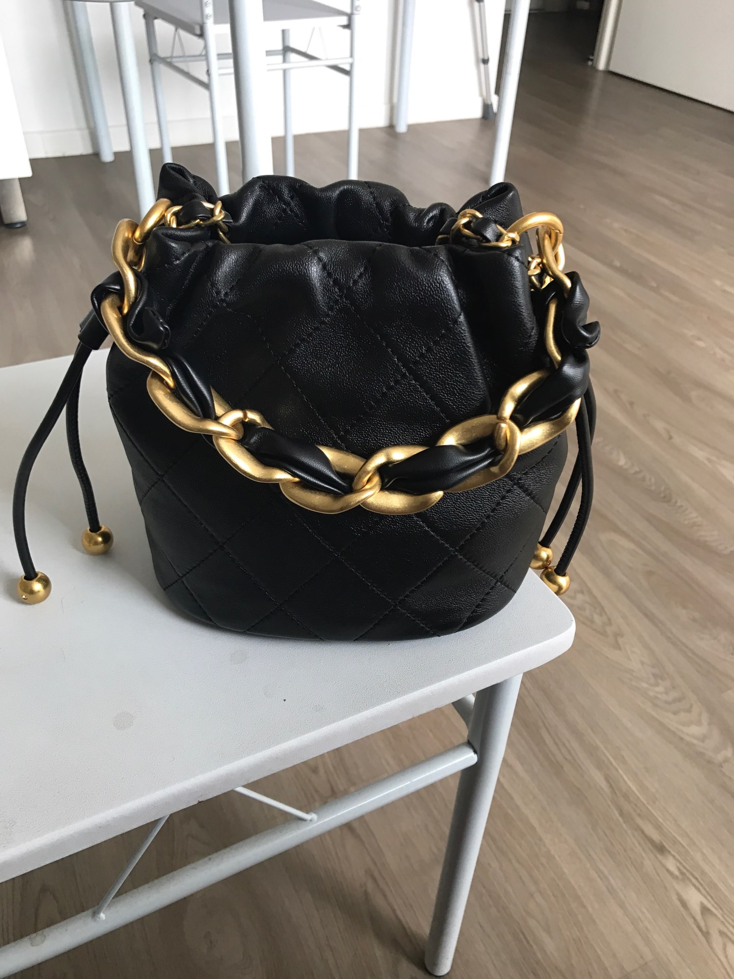 Genuine Leather Quilted Drawstring Bucket Bag for Women With Chain Strap Crossbody