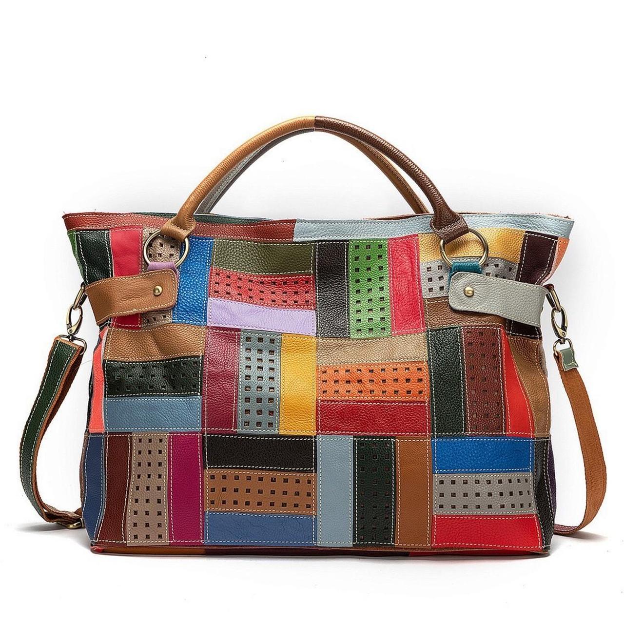 Leather head layer geometric pattern color splicing random color large handbag crossbody bag women's bag