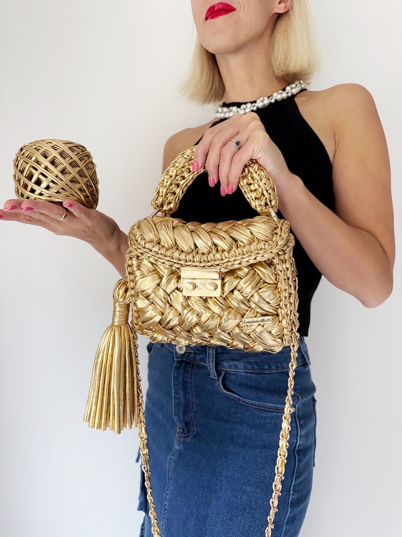 Gold casual handbag, Metallic pouch clutch bag, crochet evening Hand bag
