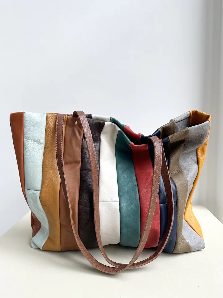 Shyzarsueclassics Large Capacity Tote Genuine Leather Laptop Shoulder Handbag Unique Design Colorful  Patchwork Purse Shopper Bag